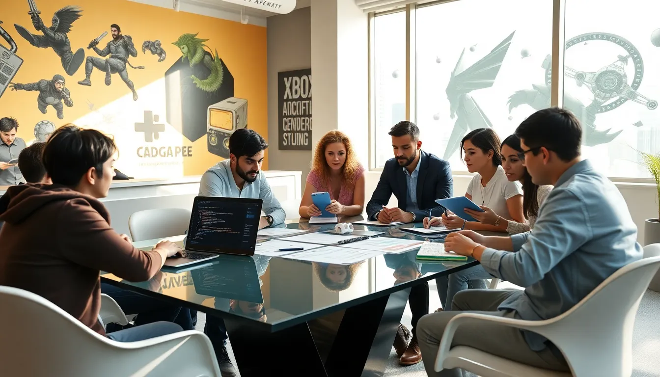 diverse team collaborating on game design concepts in a modern office.