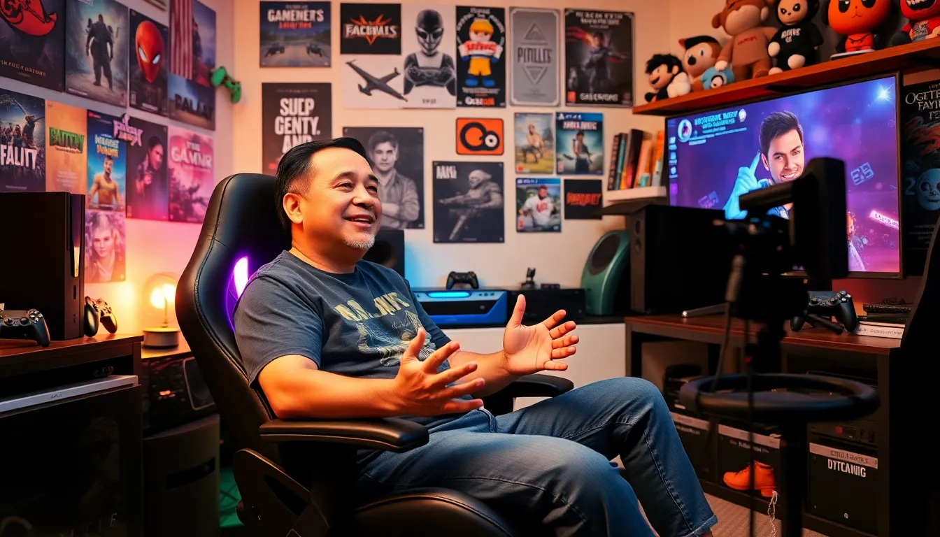 Larry Nando in a gaming room, sharing insights with a camera.