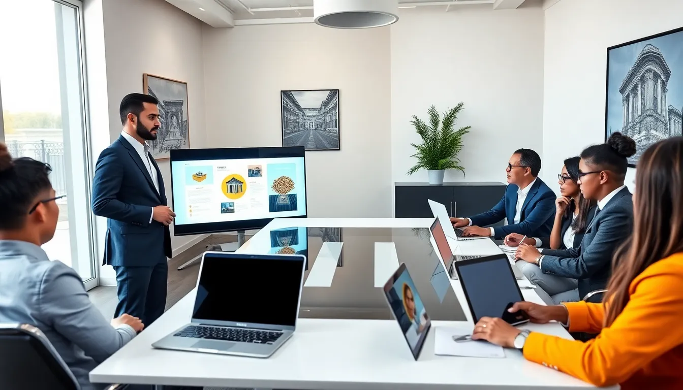 professionals discussing NFTs in a modern office setting.